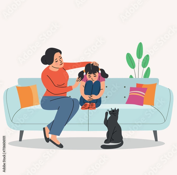 Fototapeta Mother calms daughter on the sofa. Vector flat cartoon illustration