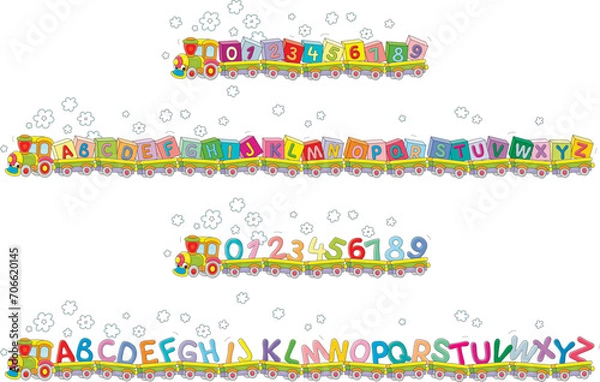 Fototapeta Funny toy train pulling colorful baby cubes with English alphabet and numbers, vector set of designs with blocks and letters for nursery and classroom of primary school