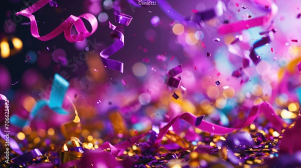 Obraz Festive explosion of colorful confetti in mid-air, with a blurred background enhancing the sense of movement and celebration.