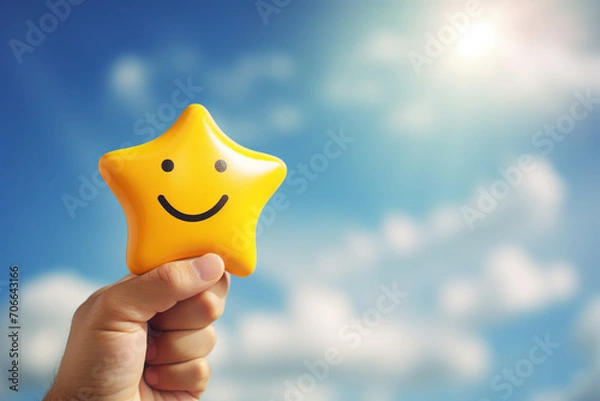 Fototapeta Happy Face Rating Icon in Bright Daylight Bright and cheerful scene with a customer displaying a happy face rating icon, set against a vibrant daytime sky. Space for survey-related text . Generative A