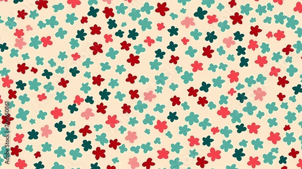 Fototapeta Geometric raster abstract tiny floral ornament.  simple minimalist seamless pattern. ornamental texture with flower shapes in red, pink, teal with beige background. 