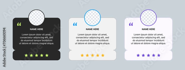 Obraz Customer review template. Testimonials, feedback with rating. Box with a text comment from the client. Vector design suitable for websites and social networks.