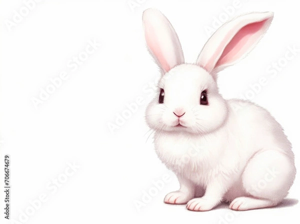 Fototapeta Cute bunny on white background with copy space for your text. Easter card concept, Banner with Easter rabbit