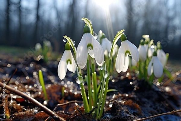 Fototapeta White snowdrops, the first spring flowers, bloomed in a clearing in the middle of the forest and melted snow. Spring coming concept