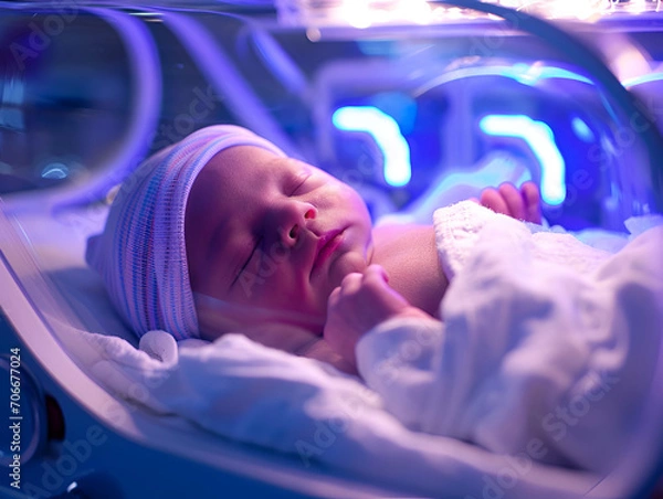 Fototapeta A newborn baby undergoes phototherapy for jaundice, cradled safely in the blue glow of a neonatal care unit