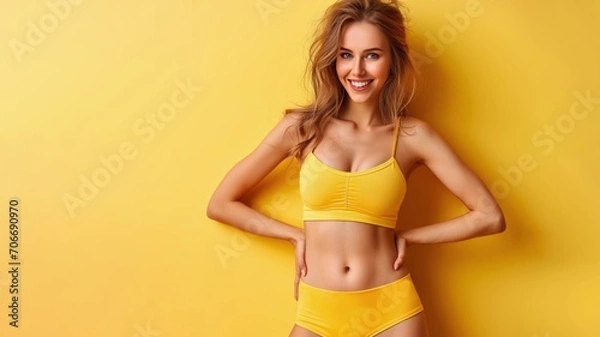 Fototapeta Slim caucasian woman in lingerie posing on plain studio yellow background, web banner