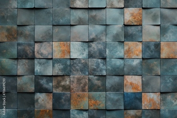 Fototapeta Rustic Blue Square Tiles with Oxidized Copper Patina