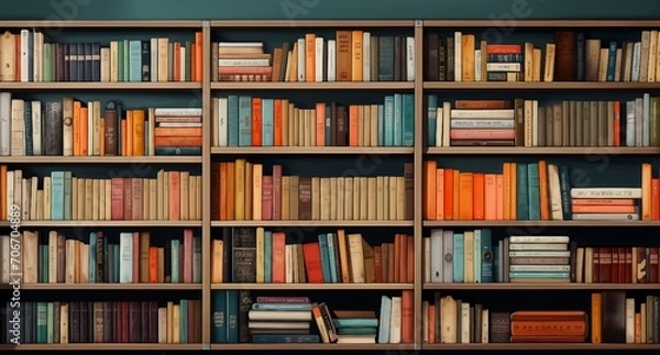 Fototapeta A wooden bookcase filled with books in a home setting, 