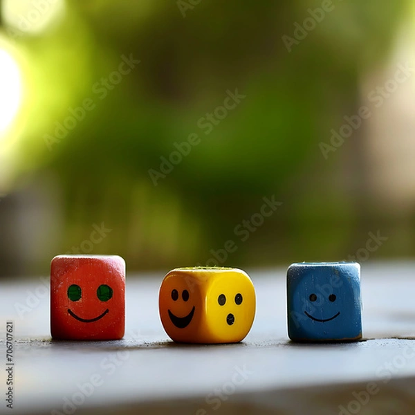 Fototapeta Dice with rounded edges are placed on a flat surface, each painted in a different color red, yellow, and blue. AI Generated
