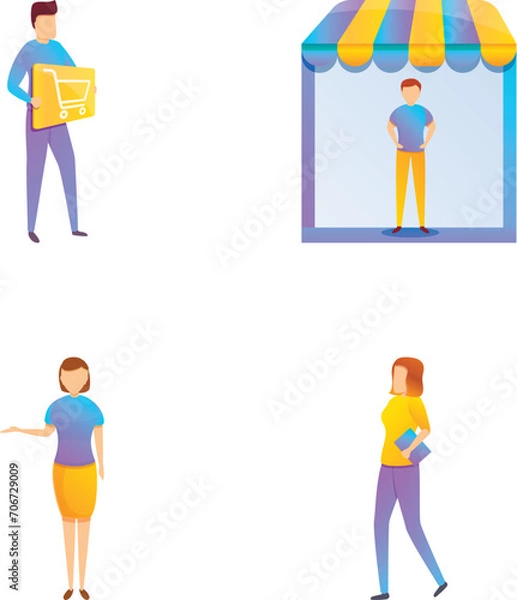 Fototapeta Online shop icons set cartoon vector. Online store in mobile application. Digital marketing, ecommerce