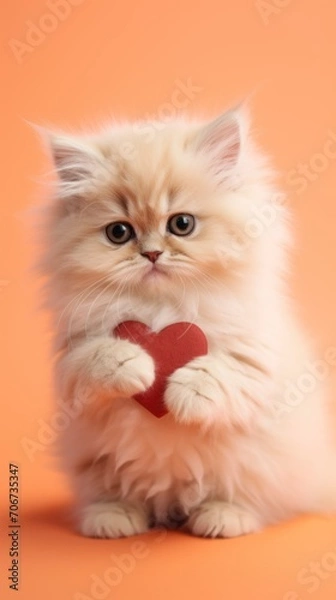 Fototapeta A fluffy and red kitten holds a small red heart in its paws. peach background. vertical photo. blurred background. mock-up, blur, selective focus. concept for February 14, Valentine's Day, gift