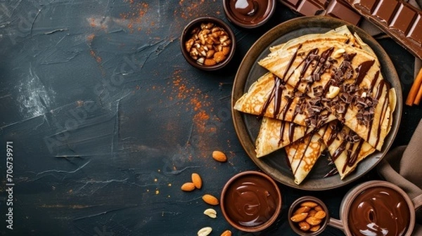 Fototapeta Banner of crepes, pancakes stacked, with chocolate topping generated with AI