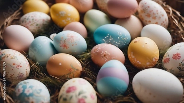 Obraz Easter's charm a serene sunrise, playful bunny, or intricate still life. Adorned with pastels, blossoms, and eggs, it captures the essence of family, tradition, and spring's beauty, generative AI