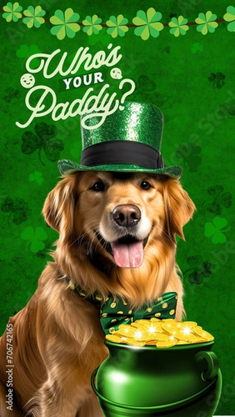 Obraz Golden Retriever celebrating St. Patrick's Day dressed as leprechaun, green bow tie and top hat, gold