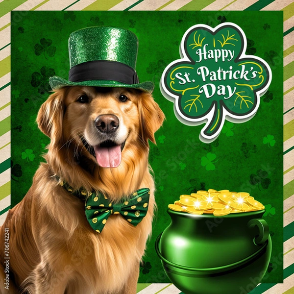 Obraz Golden Retriever celebrating St. Patrick's Day dressed as leprechaun, green bow tie and top hat, gold