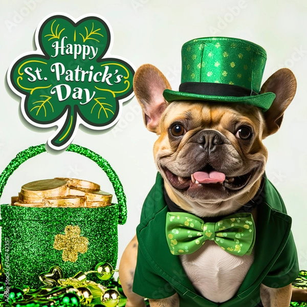 Obraz Fench Bulldog dressed as a leprechaun with green bow tie and top hat