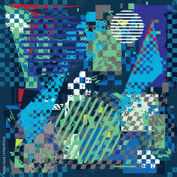 Fototapeta Abstract seamless pattern with grunge geometric elements, brush track silhouette, squares, lines. Multilayer repeated backdrop for boys, sport textile, clothes, wrapping paper. Grunge urban style