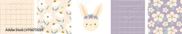 Fototapeta Set of cute bunny face posters and  seamless patterns with flowers and abstract. Creative rabbit background. Vector illustration. Great for fabric, textile Vector Illustration