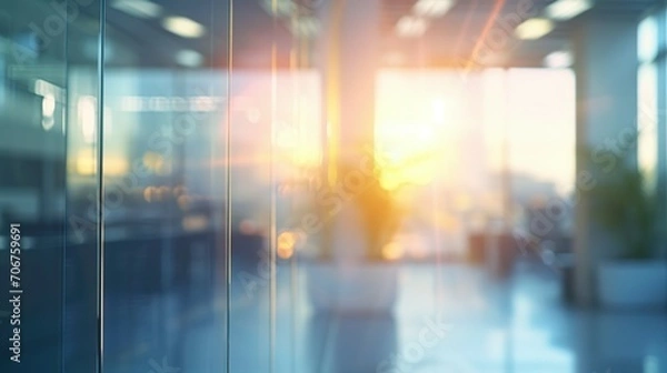 Fototapeta Beautiful blurred background of a light modern office interior with panoramic windows and beautiful lighting.