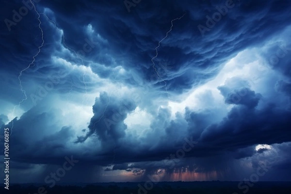 Fototapeta Gaze upwards and be captivated by the striking scene above. One half of the sky presents a pristine blue canvas, untouched by any clouds, while the other half reveals heavy rainclouds