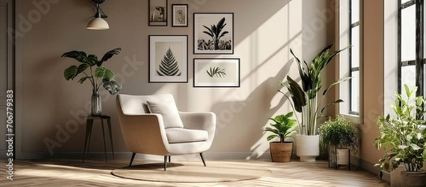 Fototapeta Trendy creme colored armchair in Scandinavian living room interior with gallery of posters on beige wall. with copy space image. Place for adding text or design