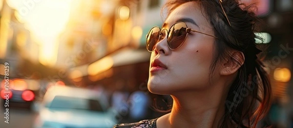 Fototapeta Smiling asian beauty businesswoman with sun protection uv or sunscreen sun block in the modern city. with copy space image. Place for adding text or design