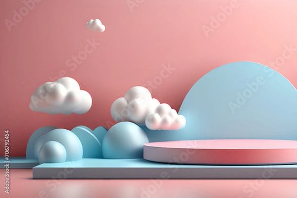 Fototapeta Abstract Minimal Concept Pastel Pink Blue Background - 3D Rendering Neckup Template for Product Presentation with Single Phase, Cloud, and Abstract Landscape generative ai

