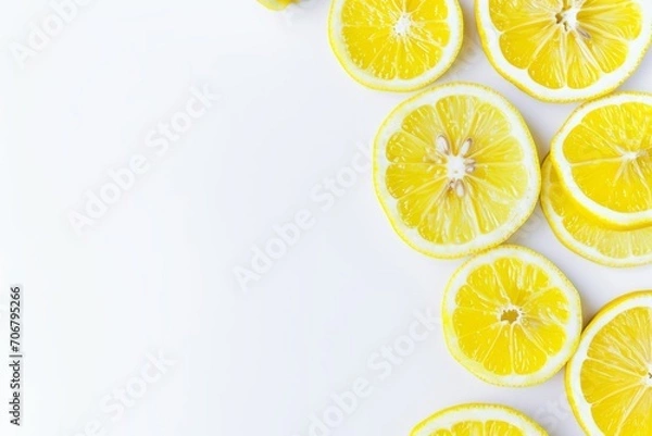 Fototapeta A group of sliced lemons is arranged on a white surface, appearing fresh and citrusy.