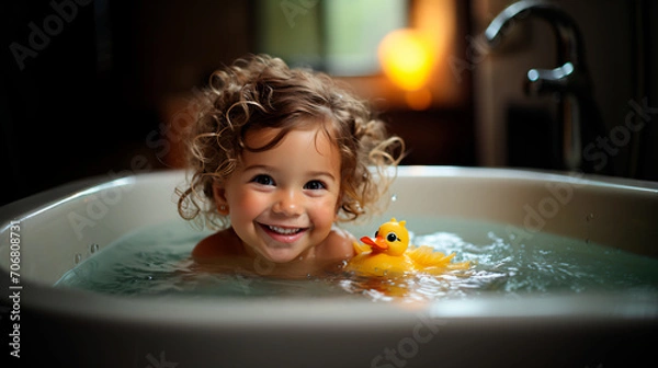 Fototapeta little happy girl child taking a bath with a yellow rubber duck in a bathtub 