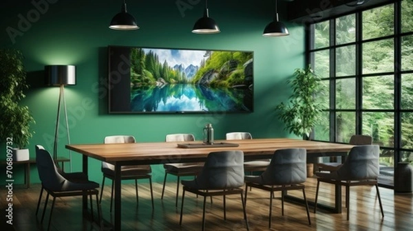Fototapeta Modern Meeting Room with Large Conference Table with Documents and Laptop on it, on Large television Wall