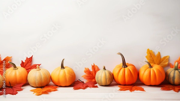 Fototapeta Fall background with orange pumpkins and fall leaves on a light surface,