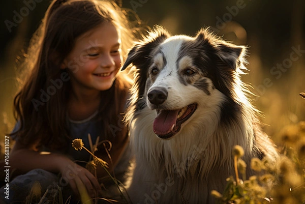 Fototapeta A joyful Border Collie and its elated owner sharing a moment of playfulness in a sun-drenched backyard, the bond between pet and human palpable.