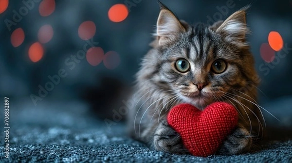 Fototapeta A red knitted heart in the paws of a cat. A postcard with a gray and black fluffy cat for Valentine's Day.