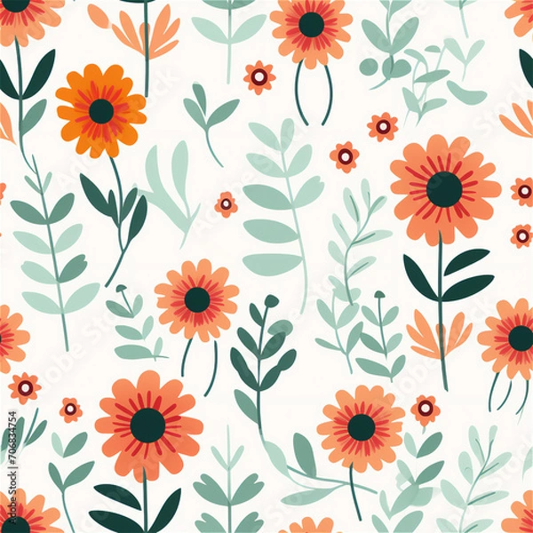 Fototapeta Seamless pattern : Orange Wildflowers Pattern on Cream
