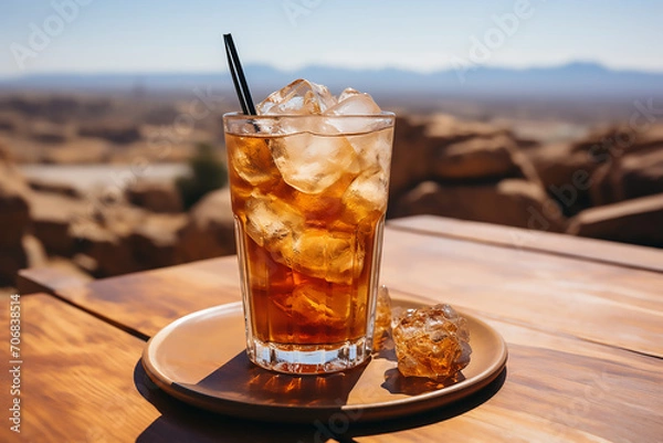 Obraz Iced coffee desert camel in background table Drinking