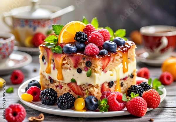 Fototapeta Delicious Cake With Fresh Fruit Topping as a Beautiful Dessert