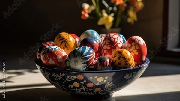 Fototapeta Dining table with painted Easter eggs in a bowl