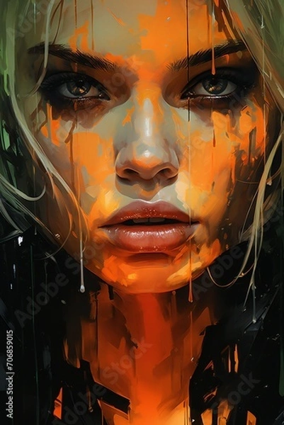Fototapeta A woman's face beneath a heavy downpour of ink, portraying the overwhelming weight of persistent mental health struggles