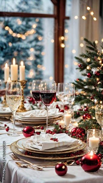 Obraz Christmas Dinner Table With Background Christmas Tree