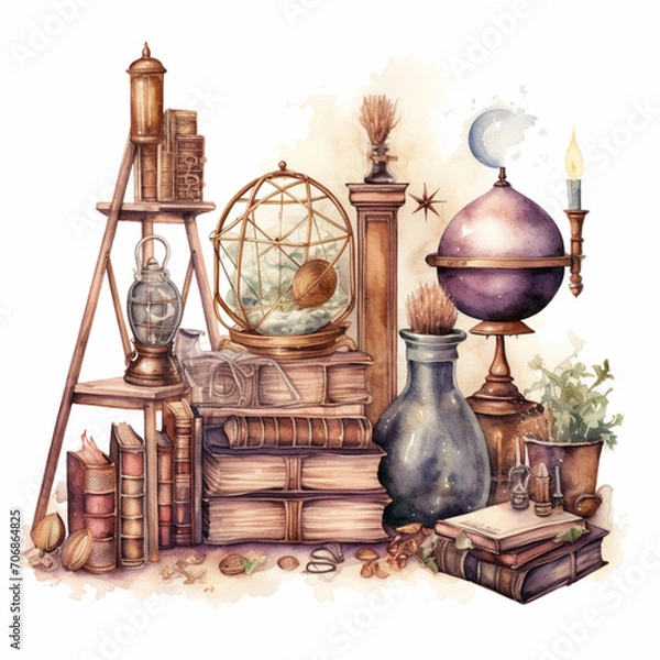 Obraz Enchanted Alchemist's Bookshelf - Watercolor Illustration of Magical Study Room