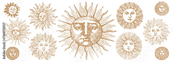 Obraz Engraving Sun. Solar System Exploration. Vintage Drawing Style Sun Faces. Medieval Hand Drawn. Mystic Alchemy Esoteric Sun Set.