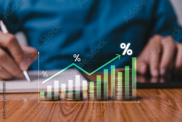 Fototapeta Interest rate and dividend concept, Investors are calculating profits and costs, return on stocks and mutual funds, long term investment for retirement, Long term business plan.