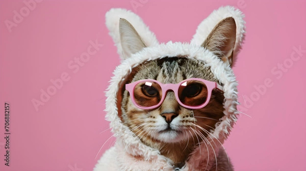 Fototapeta studio portrait of cat wearing sunglasses isolated on pink background with copy space