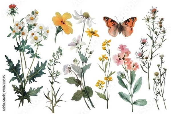 Fototapeta A picture of a bunch of flowers and a butterfly on a white background. Suitable for various uses