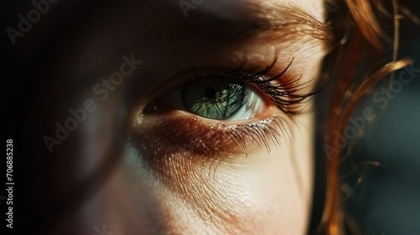 Fototapeta A detailed view of a person's eye with beautifully long eyelashes. Perfect for beauty and fashion related projects