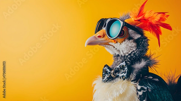 Fototapeta studio portrait of bird wearing sunglasses and bowtie isolated on yellow background with copy space