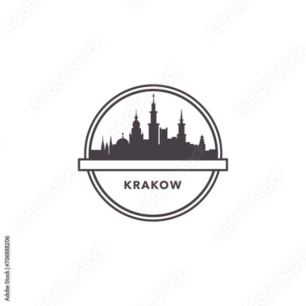 Fototapeta Krakow City cityscape skyline panorama vector flat modern logo icon. Poland town emblem idea with landmarks and building silhouettes. Isolated black shape graphic