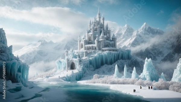 Fototapeta A fantastical snowy mountain kingdom, with towering ice castles and magical creatures, straight out of a fairy tale.