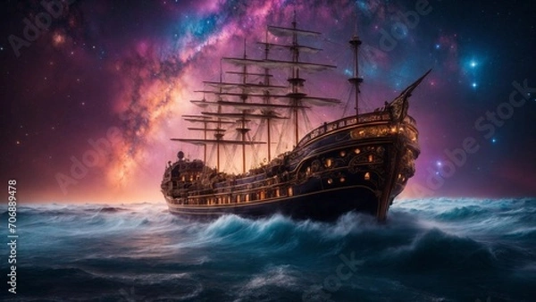 Fototapeta In the midst of a time-worn cosmos, a breathtaking steampunk caravel sails amidst the electrifying wonders of the universe, captured in a mesmerizing long exposure cinematic photograph. 