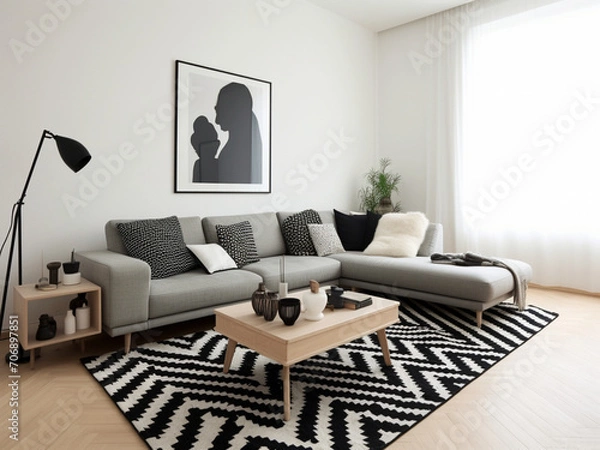 Fototapeta A chic, monochrome space with a black sectional, white walls, and a striking black and white rug
